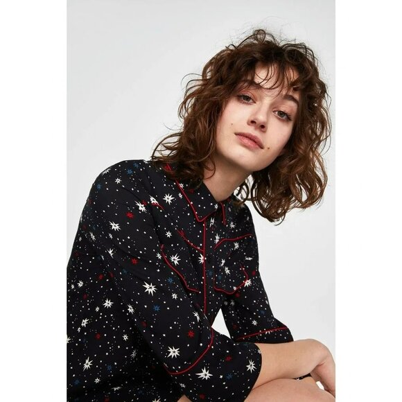 Zara Woman Star Print Long Sleeve Button Down Shirt Dress Night Sky Patriotic - Picture 8 of 8
